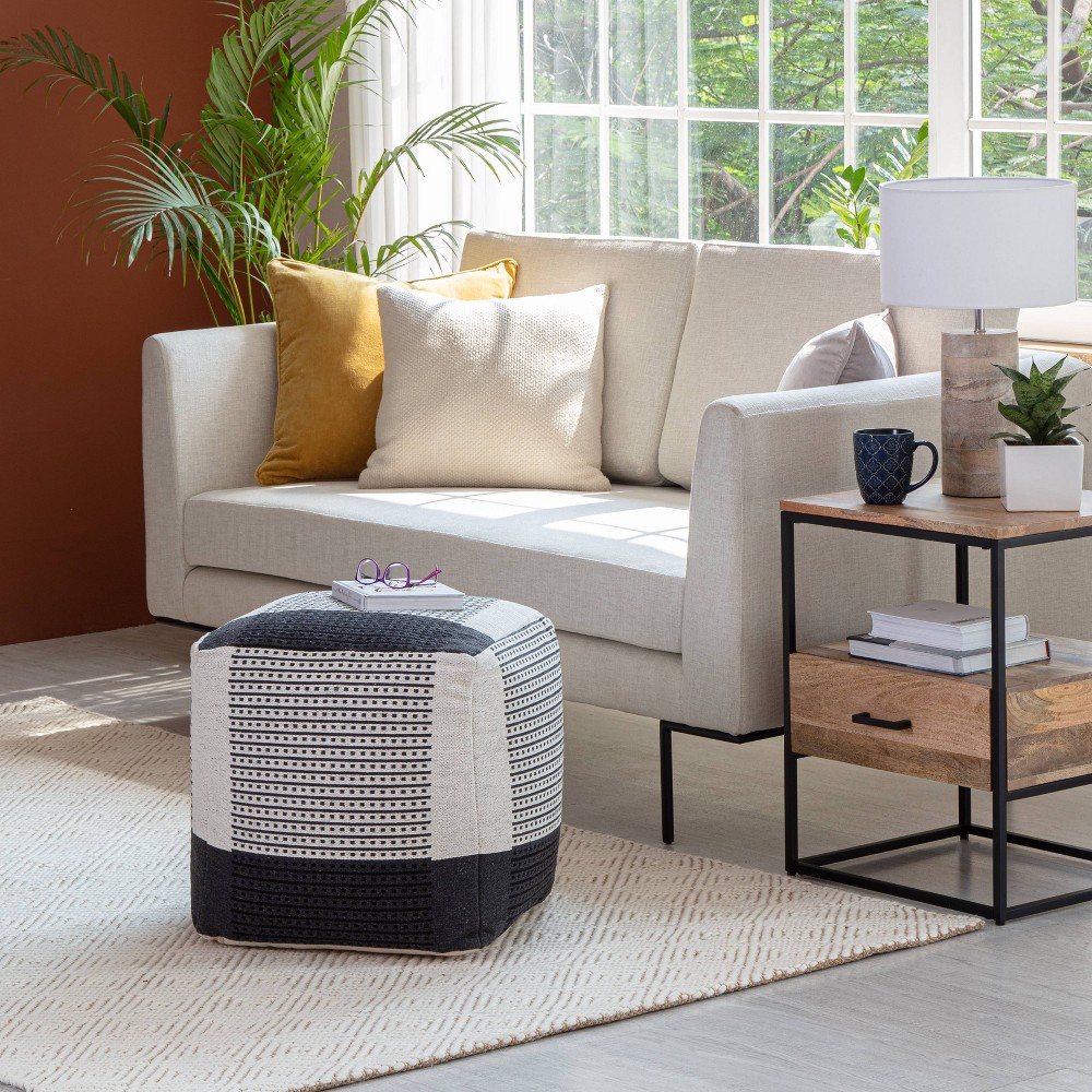 Photos - Pouffe / Bench Carrapateira Pouf Black/Ivory - Anji Mountain: Square Cotton Ottoman, Fair Trade, No Assembly Required