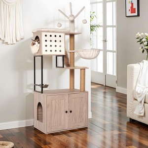 Cat Tree with Litter Box Enclosure - Modern Cat Condo with Scratching Posts, Feeding Bowl & Removable Pompom Sticks, Gray - 1 of 4