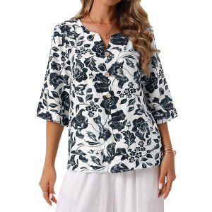 INSPIRE CHIC Women's 3/4 Sleeve Dressy Casual V Neck Boho Floral Button Decor Summer Blouse - 1 of 4
