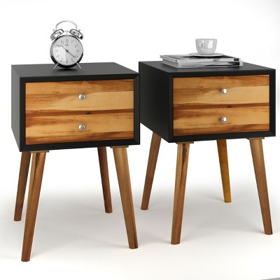Costway 2PCS Wooden Nightstand Mid-Century End Side Table W/2 Storage Drawers