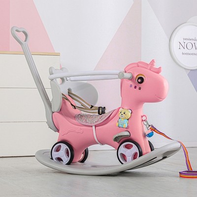 Rocking Horse for Toddlers, Balance Bike Ride On Toys with Push Handle, Backrest and Balance Board, for Baby Girl & Boy, Unicorn Kids Riding - Pink