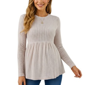 Anna-Kaci Women's Long Sleeve Ribbed Knit Maternity Top with Empire Waist and Pleated Hem - 1 of 4