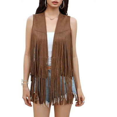 Acekool Women's 70s Fringe Vest - Retro Faux Suede Sleeveless Jacket with Bohemian Tassels, Western & Hippie Style