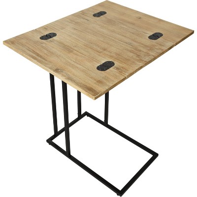 Expandable Natural Wood and Black Metal C-Shaped Side Table