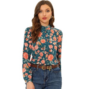 INSPIRE CHIC Women's Vintage Half Placket Long Sleeve Floral Blouse Shirts - 1 of 4
