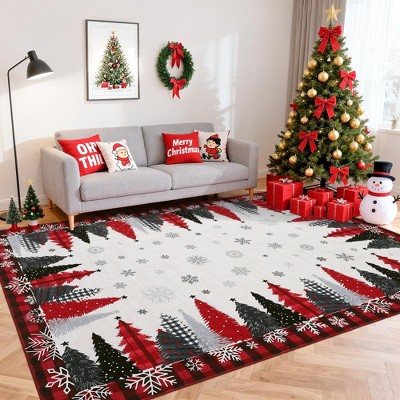 COZONY Christmas Hallway Runner Rug, Non-Slip Snowflake & Christmas Tree Print Low-Pile Carpet, Non-Shedding Machine Washable Rug for Entryway