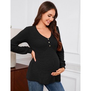 Women’s Maternity Shirts Long Sleeve Pregnancy Tops for Women Casual V Neck Tunic Blouse Clothes with Button - 1 of 4