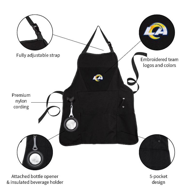 Evergreen Los Angeles Rams Black Grill Apron- 26 x 30 Inches Durable Cotton with Tool Pockets and Beverage Holder, 3 of 6