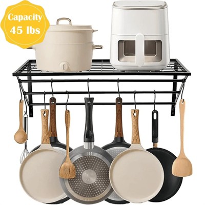 LunaLulinlk Hanging Pot Rack, Wall Mounted 2-Tier Pot and Pan Rack, Kitchen Storage Shelf with 10 S-Shaped Hooks