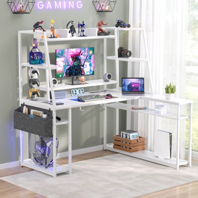 Aheaplus L Shaped Gaming Desk with Hutch & Shelves & LED Lights & Charging Station