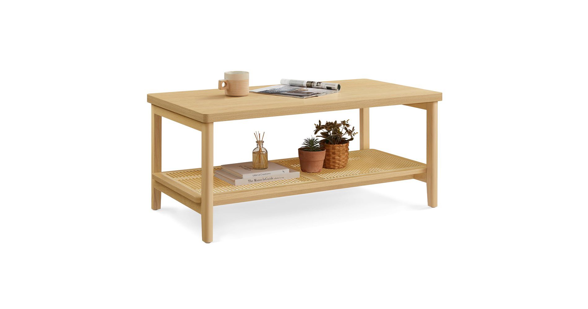 VASAGLE 2-Tier Coffee Table , Table Rectangular Center Table, with PVC Rattan Storage Shelf, Rounded Corners, Easy Assembly, Boho Style, Oak Beige