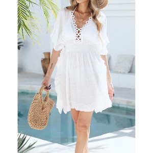 Womens Swimsuit Cover Up V Neck Short Sleeve Crochet Trim Bikini Cover Up Beach Shirt Dress - 1 of 4