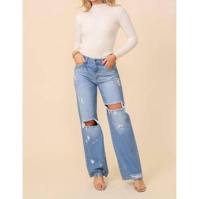 Women's Distressed Straight Leg Jeans - White Label