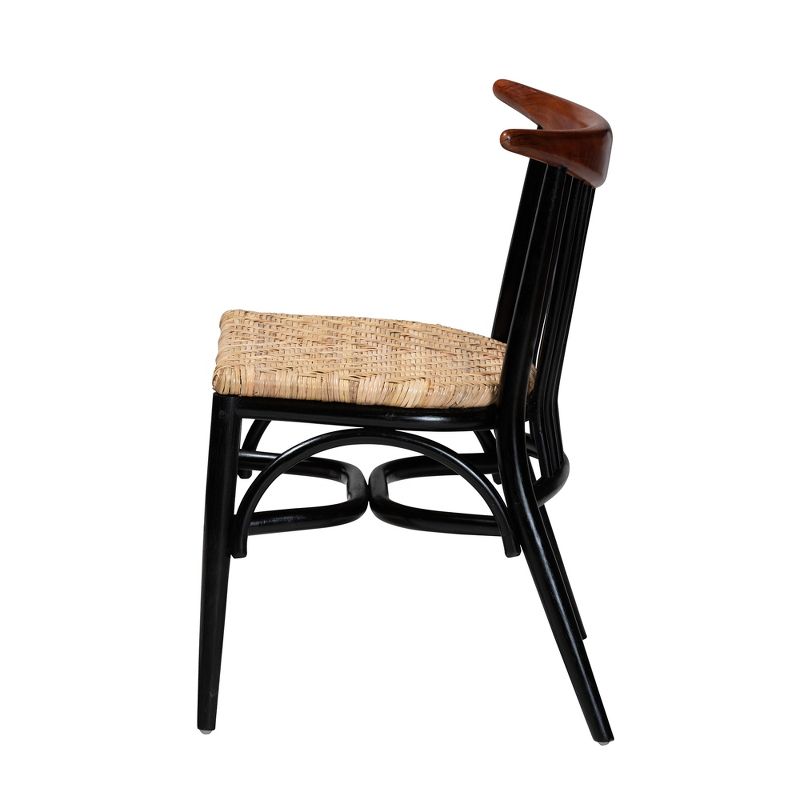 bali & pari Parthenia Mid-Century Modern Two-Tone Black and Walnut Brown Finished Mahogany Wood and Natural Rattan Dining Chair, 4 of 9