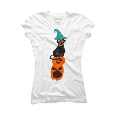 Junior's Design By Humans Halloween Pumpkins and Witch Cat By famenxt T-Shirt