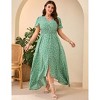 Women Plus Size Maxi Dress Short Sleeve Wrap V Neck Button Down High Low Split Ruffle Long Dress - 4 of 4