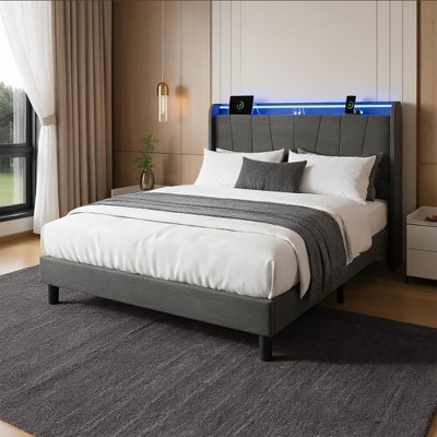 homfan Twin Upholstered Platform Bed w/ LED Lights, Charging Station & Storage - Grey, No Box Spring Needed, Padded Headboard