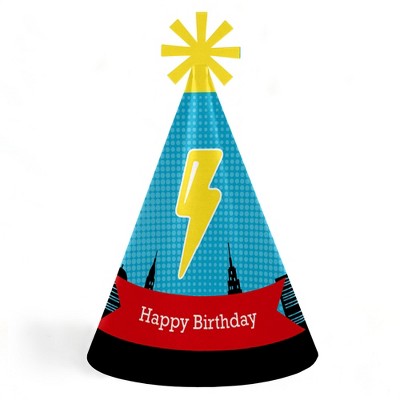 Big Dot of Happiness Bam Superhero - Cone Happy Birthday Party Hats for Kids and Adults - Set of 8 (Standard Size)