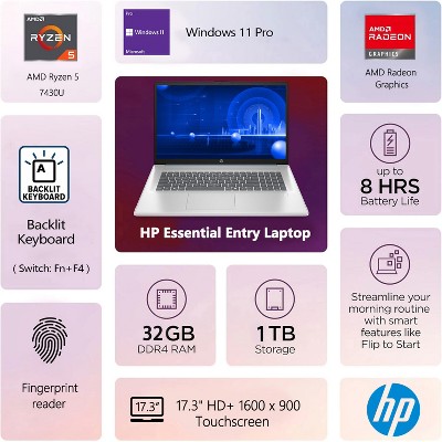 HP Essential 17 17.3" HD+ Touch Laptop, Ryzen 5 7430U, DDR4, SSD, Radeon Graphics, Wi-Fi 6, Windows 11, Blue
