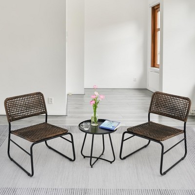 Aukfa Modern Weave 3-Piece Patio Bistro Set - All-Weather Woven Chairs & Metal Side Table for Balcony or Small Space - Brown