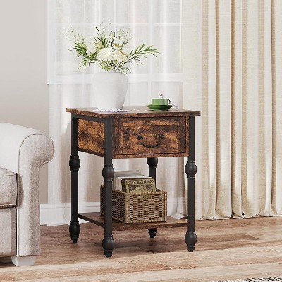 Homhougo End Table, Industrial Side Table with Storage, 2 Tiers Nightstand with Drawer, Featured Bedside for Bedroom, Living Room, Retro Brown