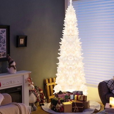 Costway 7FT Pre-Lit Hinged Pencil Christmas Tree White w/ 300 LED Lights & 8 Flash Modes
