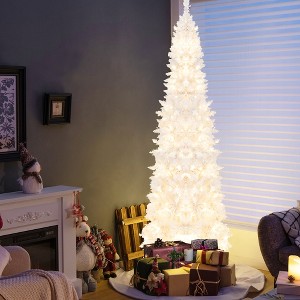 Costway 7FT Pre-Lit Hinged Pencil Christmas Tree White w/ 300 LED Lights & 8 Flash Modes - 1 of 4