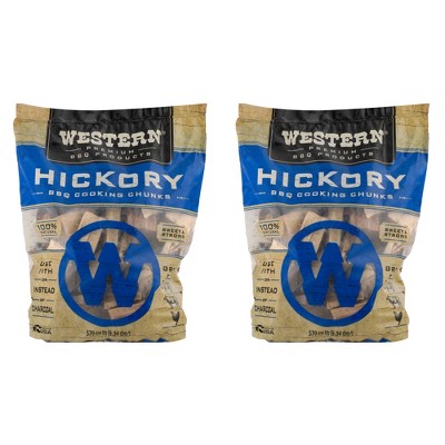 Western Premium BBQ 570 Cubic Inch Flavorful Heat Treated Hickory Barbecue Smoking Cooking Wood Chunks for Charcoal Gas and  Electric Grills (2 Pack)