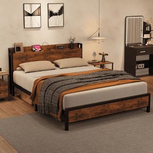 Rustic Industrial Queen Bed Frame，Heavy Duty Metal Platform Frame with Wooden Headboard，Queen  Size Bed Frame for Bedroom - 1 of 4