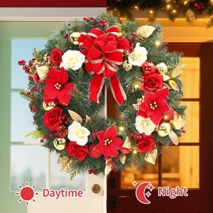 Christmas Wreath with Lights, 24 Inch Pre-Lit Front Door Wreath with Red Bow & Flowers, Artificial Pine Needles Holiday Decor for Home, Office - 1 of 4