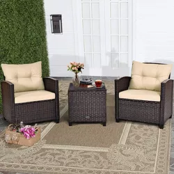 Costway 3PCS Patio Rattan Furniture Set Cushioned Conversation Set Sofa Turquoise Beige\Red\Turquoise