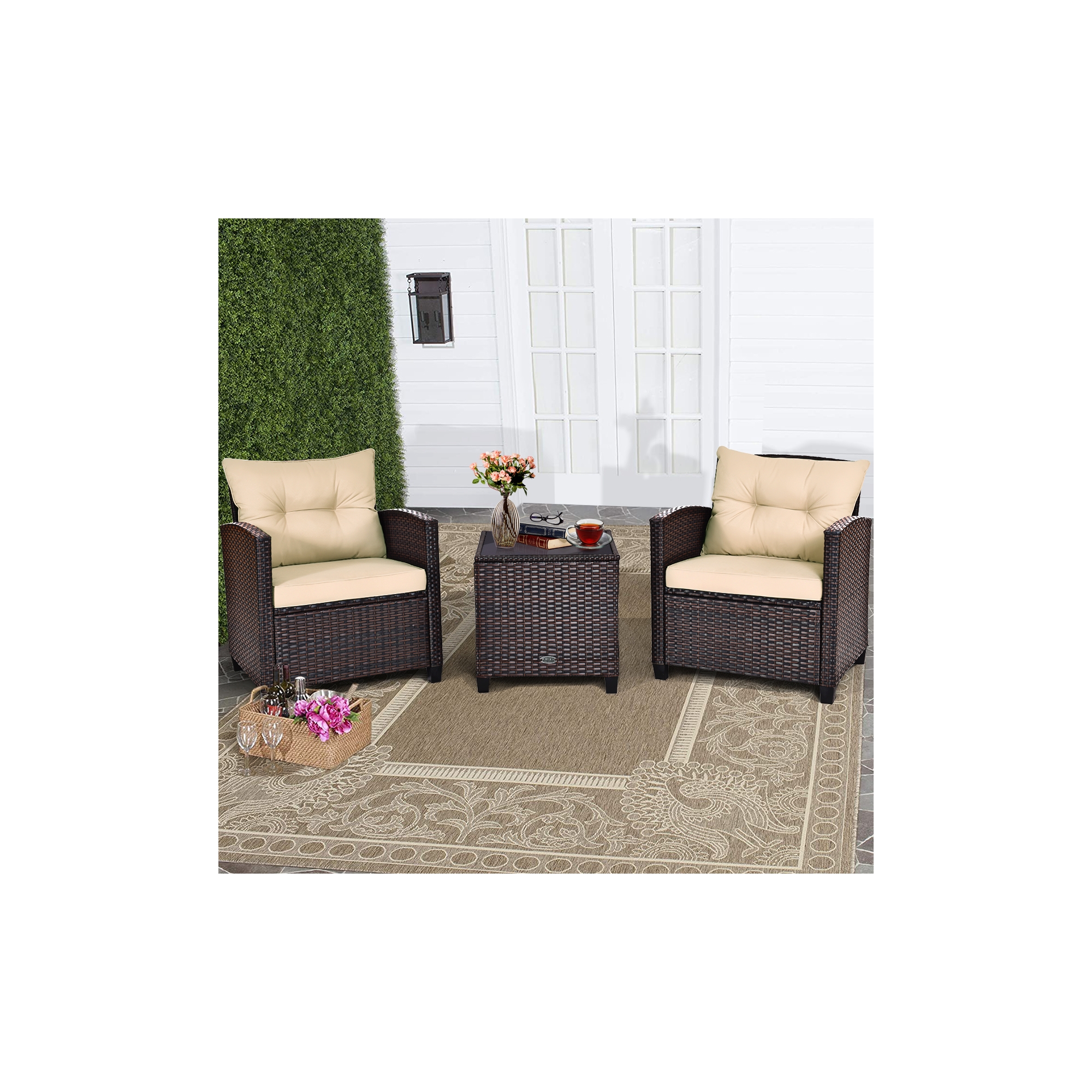 Costway 3PCS Patio Rattan Furniture Set Cushioned Conversation Set Sofa Coffee Table Beige