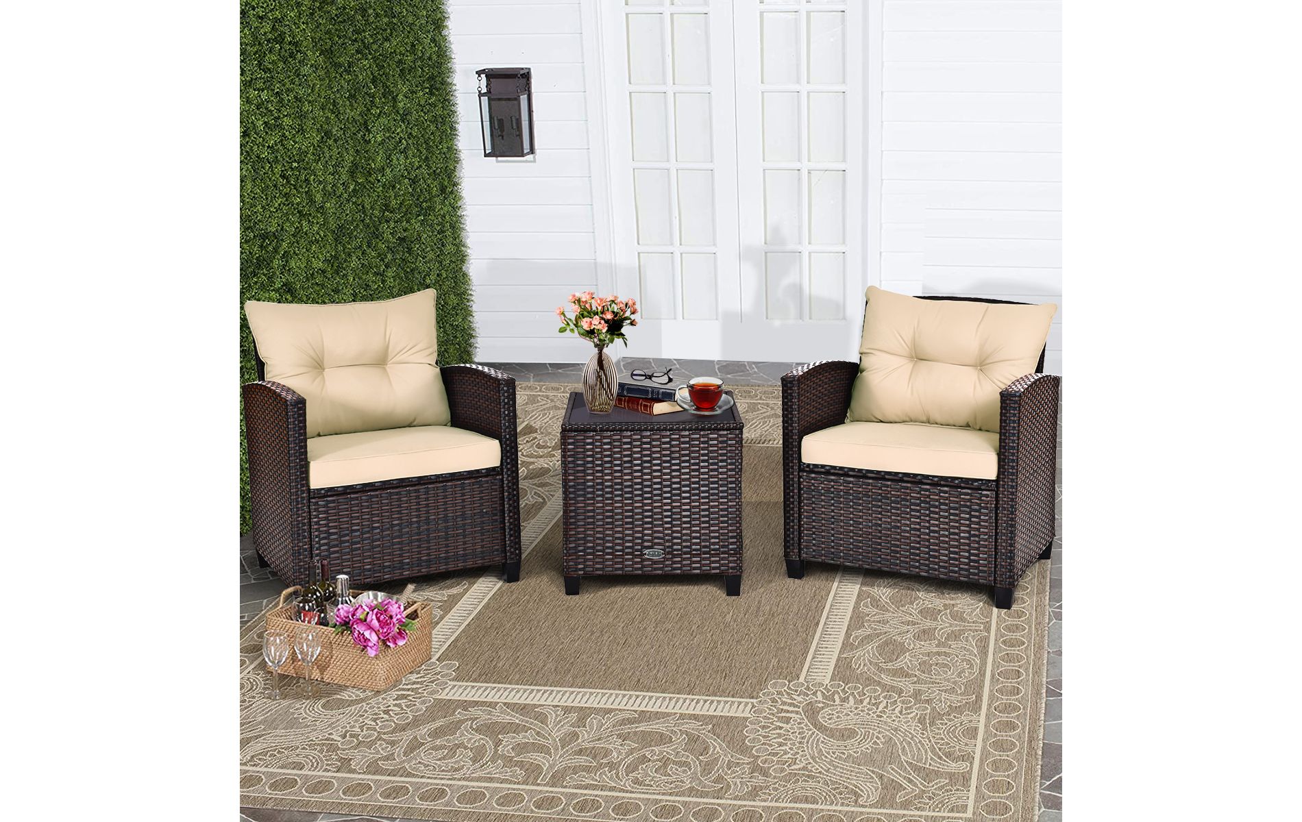Costway 3PCS Patio Rattan Furniture Set Cushioned Conversation Set Sofa Coffee Table Beige