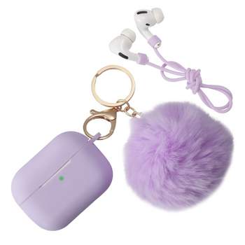 Insten Case Compatible with AirPods Pro, Cute Pom Pom Protective Silicone Skin Cover with Keychain & Anti-Lost Strap, Purple