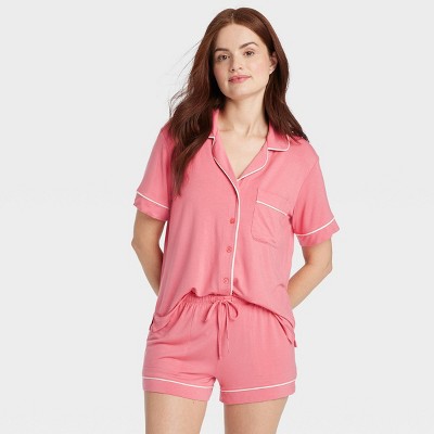 Women's Cloud Knit Short Sleeve Notch Collar Top and Shorts Pajama Set - Auden™ Coral Red L