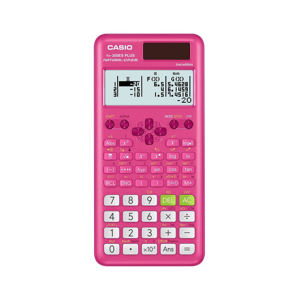 Casio FX-300 Scientific Calculator - Pink Casio FX-300ESPLS2-S 2nd Edition Scientific Calculator with sleek new design and slide on hard case with Natural Textbook Display and improved math functionality. 262 Built-in Math Functions:, including basic and advanced scientific, exponential and trigonometric, fractions, regression analysis and more. It has been designed as the perfect choice for middle school through high school students learning General Math, Trigonometry, Statistics, Algebra I and II, Pre-Algebra, Geometry, Physics. Entry Logic: V.P.A.M. operating system. Solar power with battery back-up. Dimensions: W 3 1/8 x L 6 3/8 x H 1/2 inches 3.7 oz. Color Pink Color: One Color.