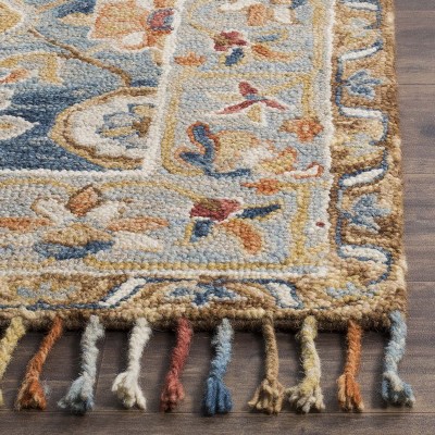 Gray and Navy Floral Handmade Wool Area Rug, 4' x 6'