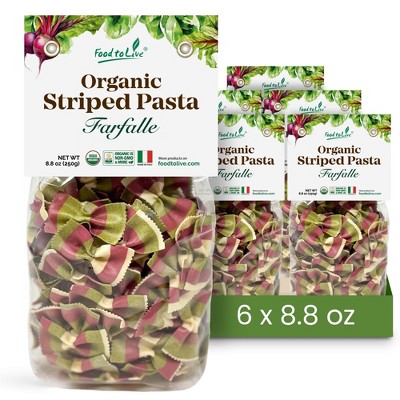 Organic Striped Farfalle Pasta - Italian Artisan Tri-Color Bow-Tie Pasta. Non-GMO, Vegan, Made with Semolina, Beet and Spinach.