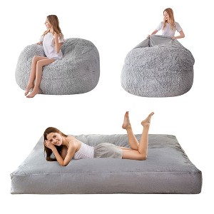 MAXYOYO Bean Bag Bed, Faux Fur BeanBag Chair to Velvet Floor Bed with Removable Cover, Grey - 1 of 4