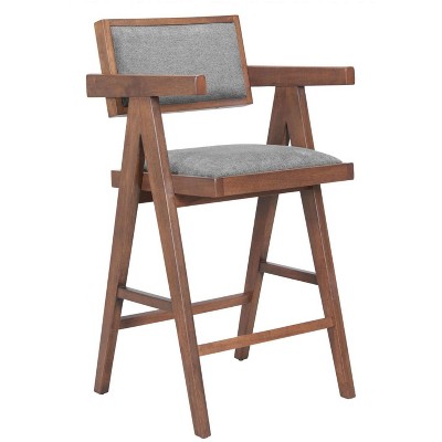 Counter Stool 39.4" H, Gray Polyester Linen Seat with Walnut Rubberwood Frame (Set of 2) By Zuo Modern