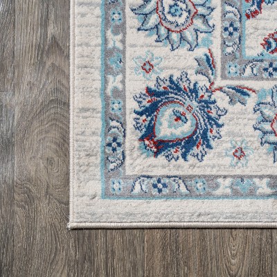 Ivory and Blue Floral Synthetic 5' Square Rug