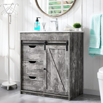 SinCiDo 30" Farmhouse Bathroom Storage Cabinet, Bathroom Dressing Table with Sink, Sliding Barn Door, 3 Drawers and Adjustable Shelves