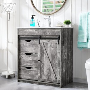 SinCiDo 30" Farmhouse Bathroom Storage Cabinet, Bathroom Dressing Table with Sink, Sliding Barn Door, 3 Drawers and Adjustable Shelves - 1 of 4