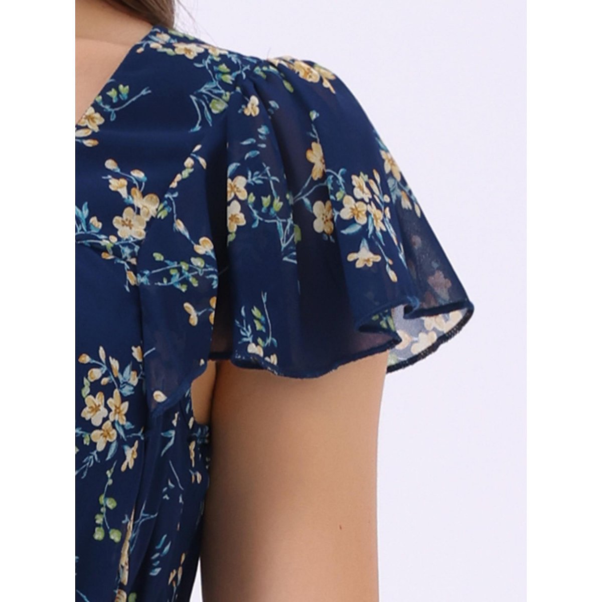 Женские платья INSPIRE CHIC Women's Floral Chiffon Flutter Sleeve Belted Square Neck Ruffled Hem Dress Blue Large — фото 5