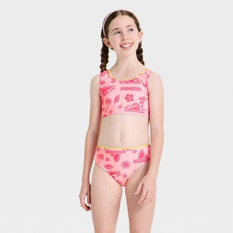 Moana Girls' Disney Moana 2pc Floral Printed Swim Set - Pink XS