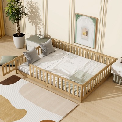 Whisen Twin Bed & Rubber Wood Floor Bed with Fence without Door, Multi - Functional Floor Bed for Kids' Sleep & Play