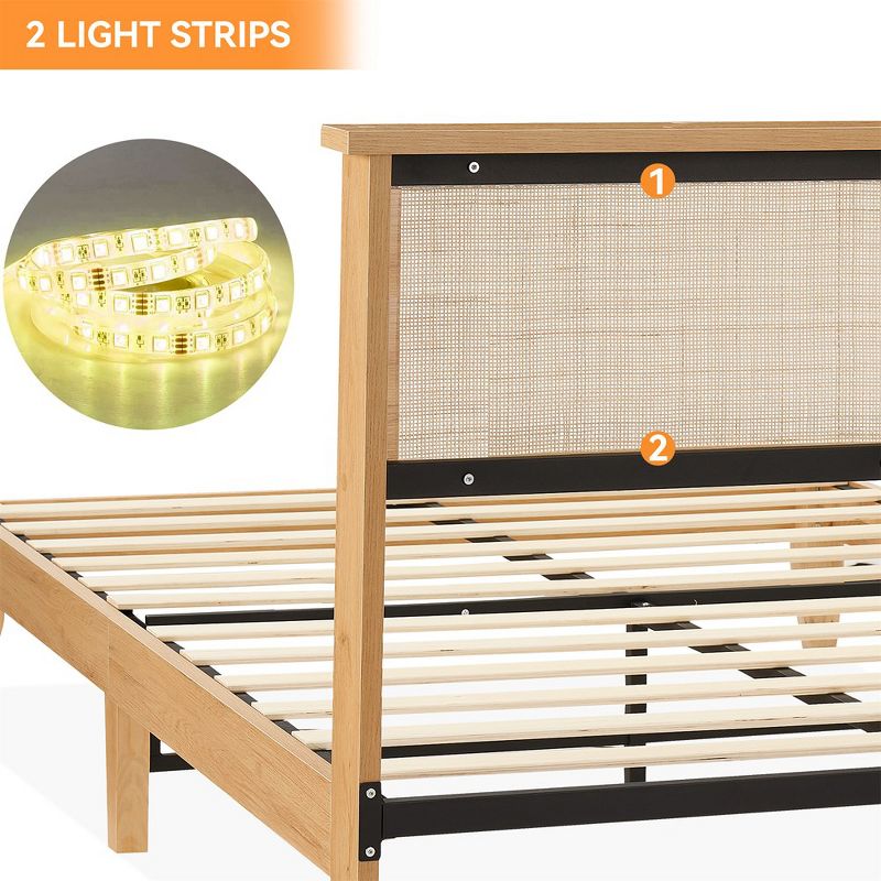 Bed Frame with Rattan Headboard, Platform Bed Frame with LED Lights and Wood Headboard, Strong Wooden Slat, Mattress Foundation, Noise Free, No Box Spring Needed, 5 of 7