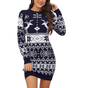 Women's Cute Ugly Christmas Sweater Dress Long Sleeve Crew Neck Pullover Reindeer Snowflakes Printed Holiday Mini Sweater Dress - 1 of 4