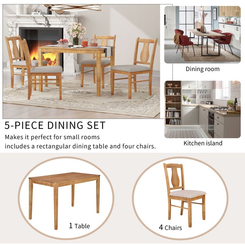 5-Piece Kitchen Dining Table Set, Wooden Rectangular Dining Table and 4 Upholstered Chairs for Kitchen and Dining Room - ModernLuxe, 4 of 12
