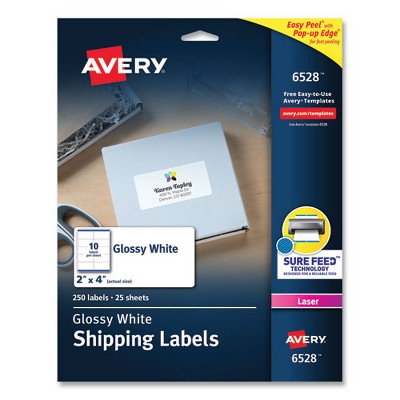 Avery Glossy White Easy Peel Mailing Labels w/ Sure Feed Technology, Laser Printers, 2 x 4, White, 10/Sheet, 25 Sheets/Pack